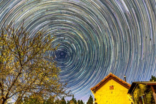 Startrails over La Palma: house under palm trees