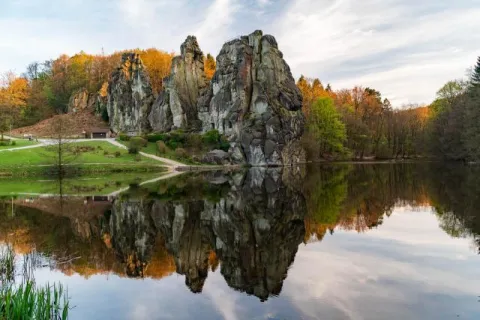 The Externsteine are reflected in the Wiembecke pond