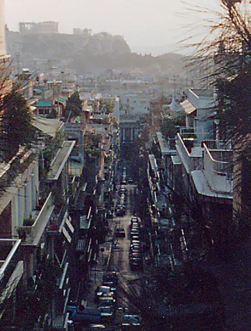 The Acropolis over the urban canyons of Athens